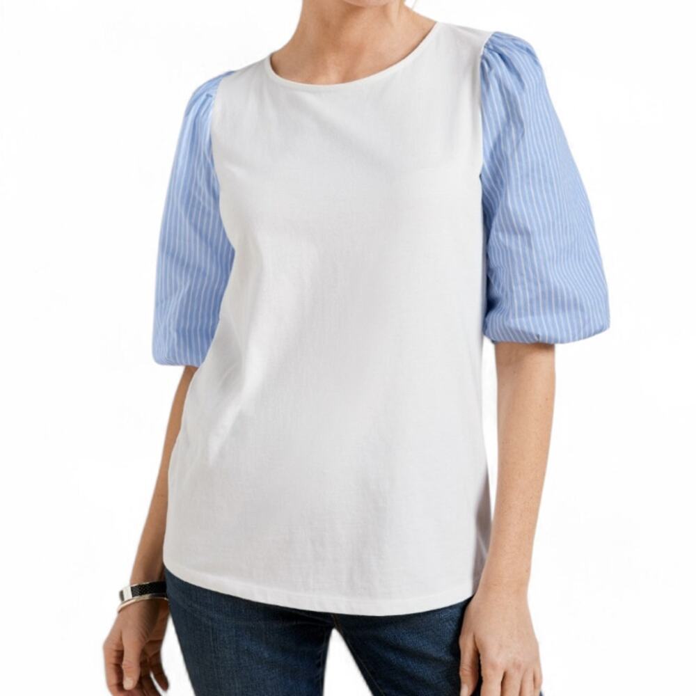 Talbots NWT Cotton Crewneck Top White Body Blue Pinstripe Puff Sleeves Size L